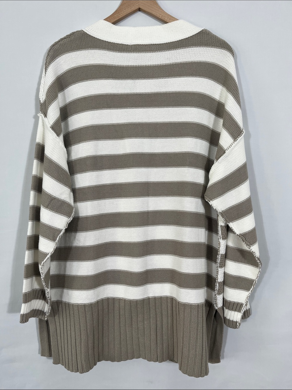 Striped V-Neck Button-Front Cardigan in Cream and Taupe - Picture 11 of 11